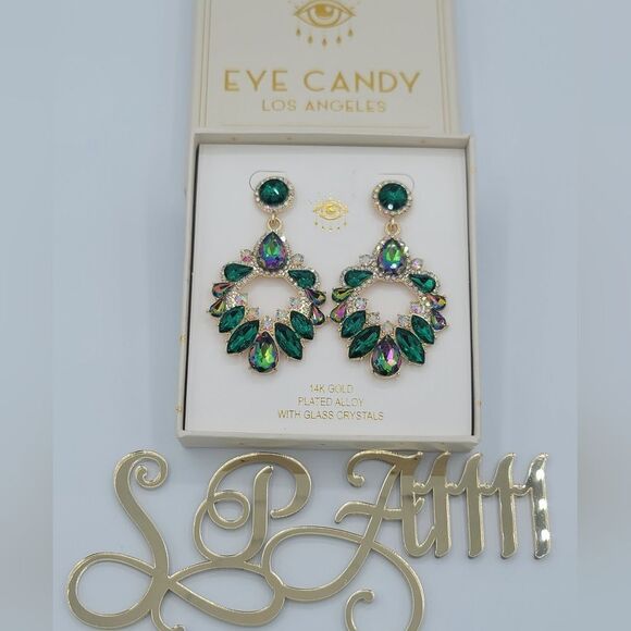 Eye Candy Earrings Luxe Gold Plated Glass Crystals Green Earrings #546 - Picture 4 of 12